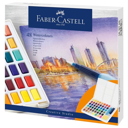Акварель художественная Faber-Castell "Watercolours", 48цв., кюветы, + кисть "Water Brush"+ съемная палитра, пластиковая упаковка