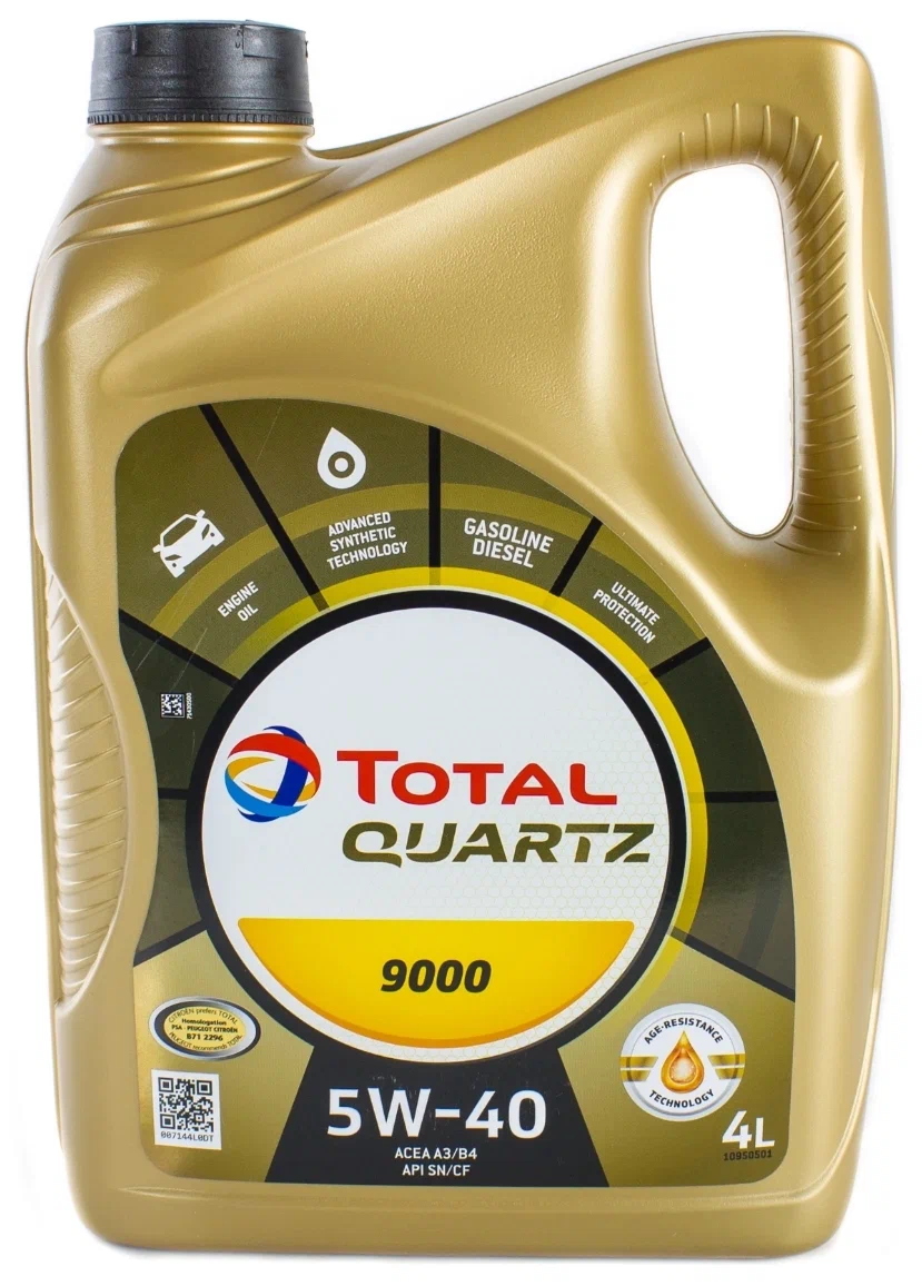 Моторное масло Total синтетическое TOTAL QUARTZ 9000 5W40 ACEA A3 B4 API SN CF 4л
