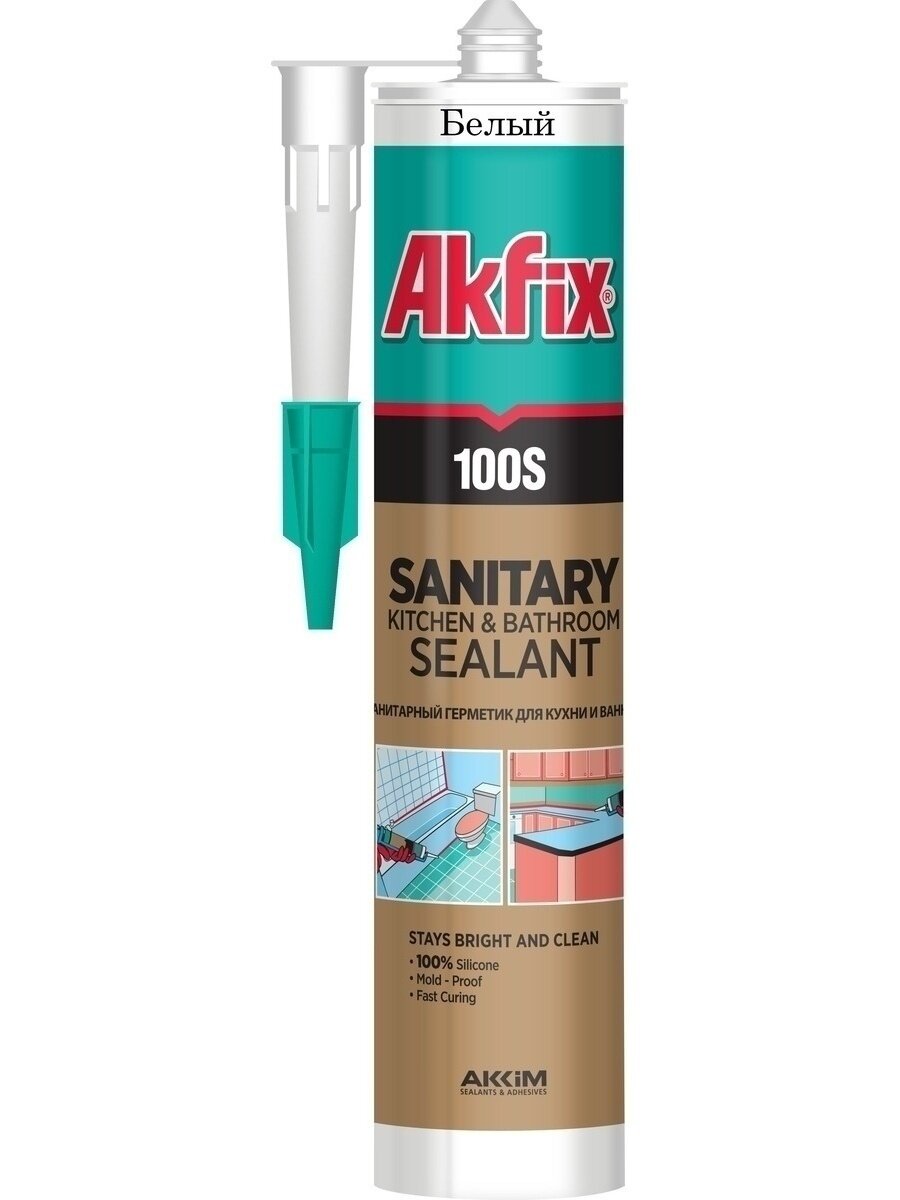 Санитарный герметик для кухни и ванной Akfix 100S, белый, 280 мл SA032