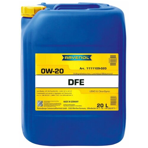 RAVENOL 1111109005 Моторное масло RAVENOL DFE SAE 0W-20 (5л) 4+1