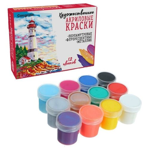 Краска акриловая, набор 12 цветов х 20 мл, Calligrata Mix : 6 стандарных ; металлик, перламутровый, флуоресцентный, с блестками (морозостойкий)