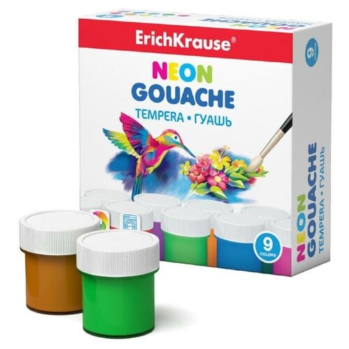 ErichKrause Гуашь 9 цветов х 20 мл, ErichKrause Neon, неоновая, в картонной упаковке