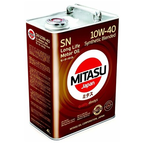 Масло моторное Mitasu Motor Oil 10w40, полусинтетическое, API SN/CF, ACEA A3/B3/B4, для бензинового двигателя, 4л, арт. MJ-122A/4