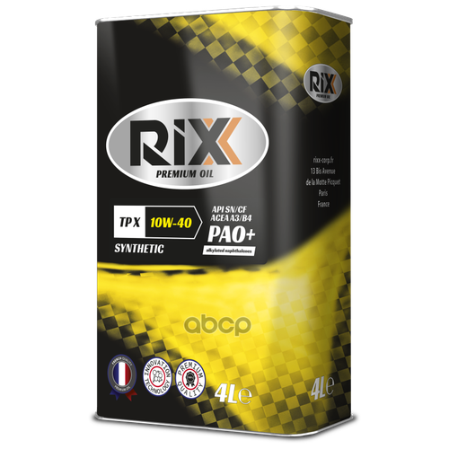 RIXX Масло Моторное Синтетическое Rixx Tp X 10w-40 4 Л. Api Sn/Cf Acea A3/B4