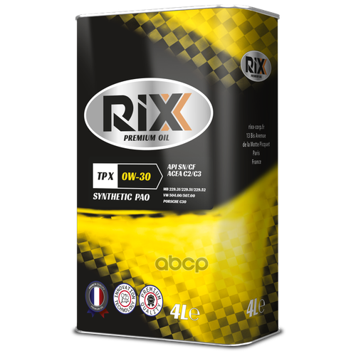 RIXX Синтетическое Моторное Масло Rixx Tp X 0w-30 Sn/Cf C2/C3 Железная Канистра 4 Л