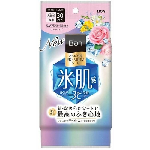 LION Дезодорант для всего тела в форме салфеток "Ban Premium Refresh Shower Sheets" (с пудрой и охлаждающим эффектом / аромат Цветочное мыло) 30 шт