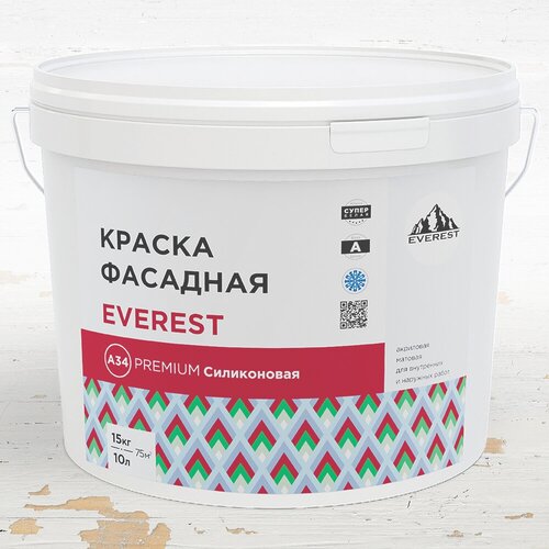 Краска фасадная EVEREST А34. PREMIUM силиконовая усиленная (морозостойкая) супербелая 1.5 кг, 1 л