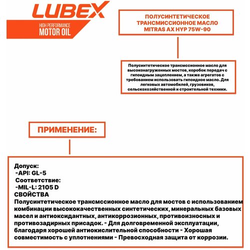 Масло трансмиссионное полусинтетическое Lubex MITRAS AX HYP 75W90 GL-5 20л