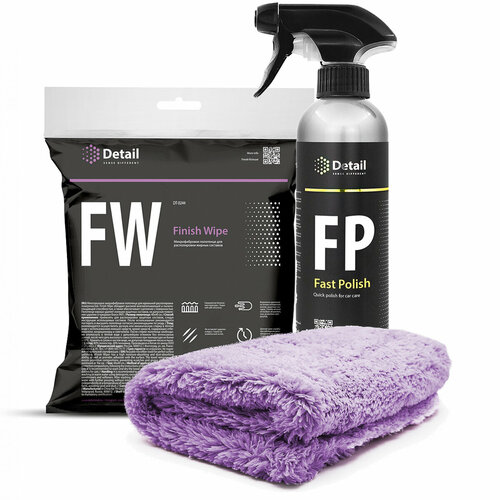 Комплект для быстрой полировки кузова Detail: Экспресс-полироль FP "Fast Polish" 500мл и Микрофибровая салфетка для располировки FW "Finish Wipe" 40*40