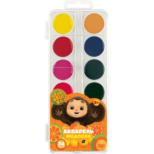 Краски акварельные для школы детские 24 цвета / Акварель медовая для рисования детям, набор красок Мульти-Пульти "Чебурашка" / творчество для детей