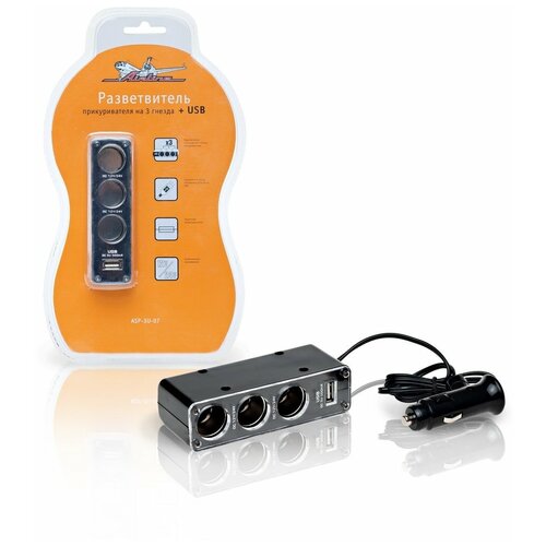 Прикуриватель-разветвитель 3 гнезда + USB (черный) AIRLINE AIRLINE - 1