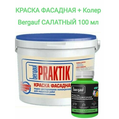 Краска фасадная водно-дисперсионная полиакриловая BERGAUF Praktik салатный 13 кг