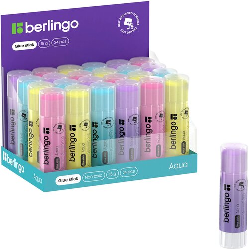 Клей-карандаш Berlingo "Aqua", 15г, цветной, ПВП - 24 шт.