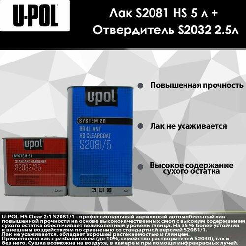U-Pol S2081 HS Лак повышенной прочности Clear 2:1 5 л Прозрачный + S2032 Отвердитель стандарт 2.5 л