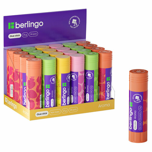 Комплект 24 шт, Клей-карандаш Berlingo "Aroma", 21г, ароматизированный (мята, лимон, клубника, роза), ПВП
