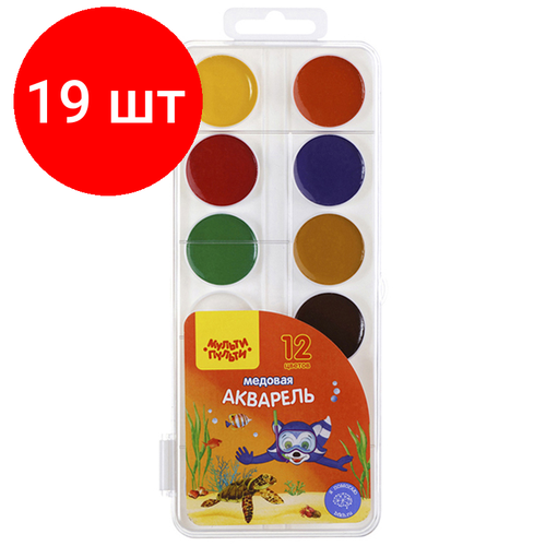 Комплект 19 шт, Акварель Мульти-Пульти "Енот в Красном море", медовая, 12 цветов, без кисти, пластик, европодвес