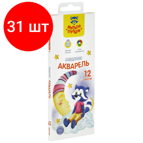 Комплект 31 шт, Акварель Мульти-Пульти "Енот в сказке", медовая, 12 цветов, без кисти, картон, европодвес