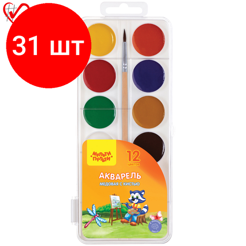 Комплект 31 шт, Акварель Мульти-Пульти "Приключения Енота", медовая, 12 цветов, с кистью, пластик