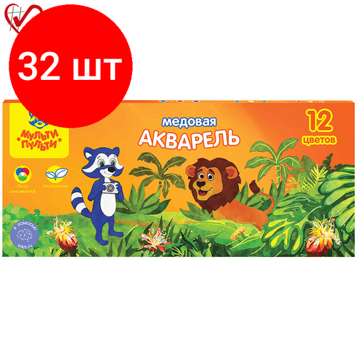 Комплект 32 шт, Акварель Мульти-Пульти "Енот в джунглях", медовая, 12 цветов, без кисти, картон