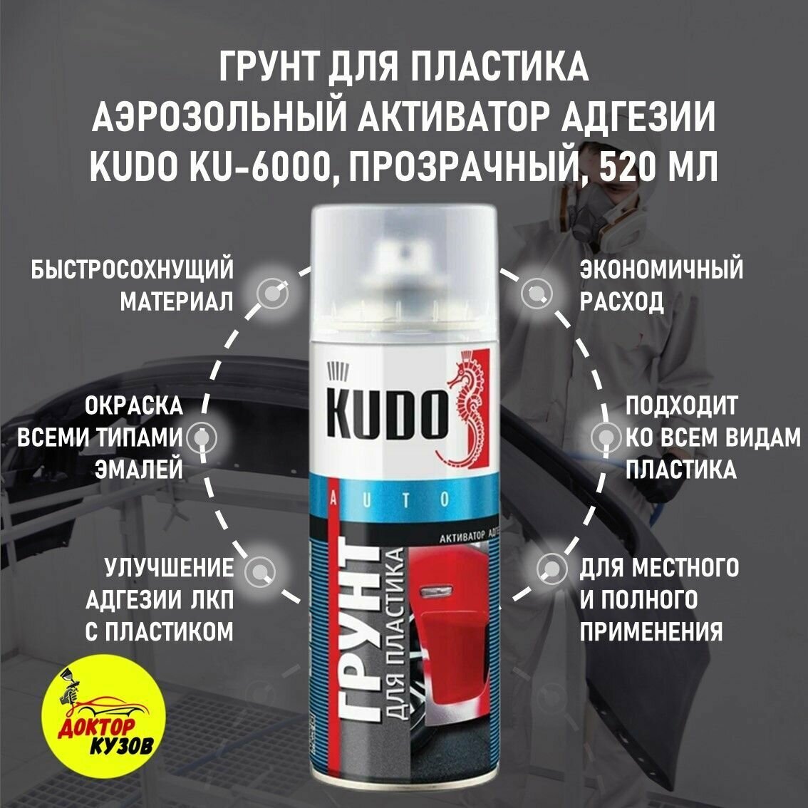 Грунт для пластика KUDO прозрачный быстросохнущий / Грунтовка по пластику для бампера авто / Активатор адгезии, 520 мл