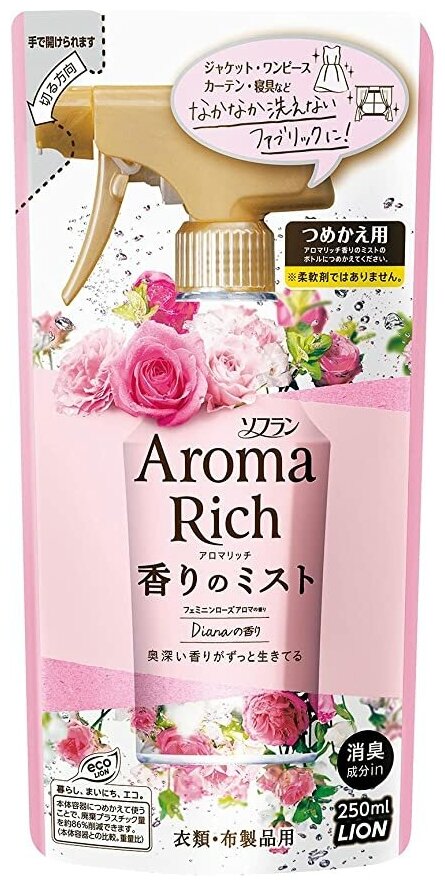 LION Aroma Rich Diana Кондиционер спрей для белья роза персик маракуйя 250мл мягкая упаковка