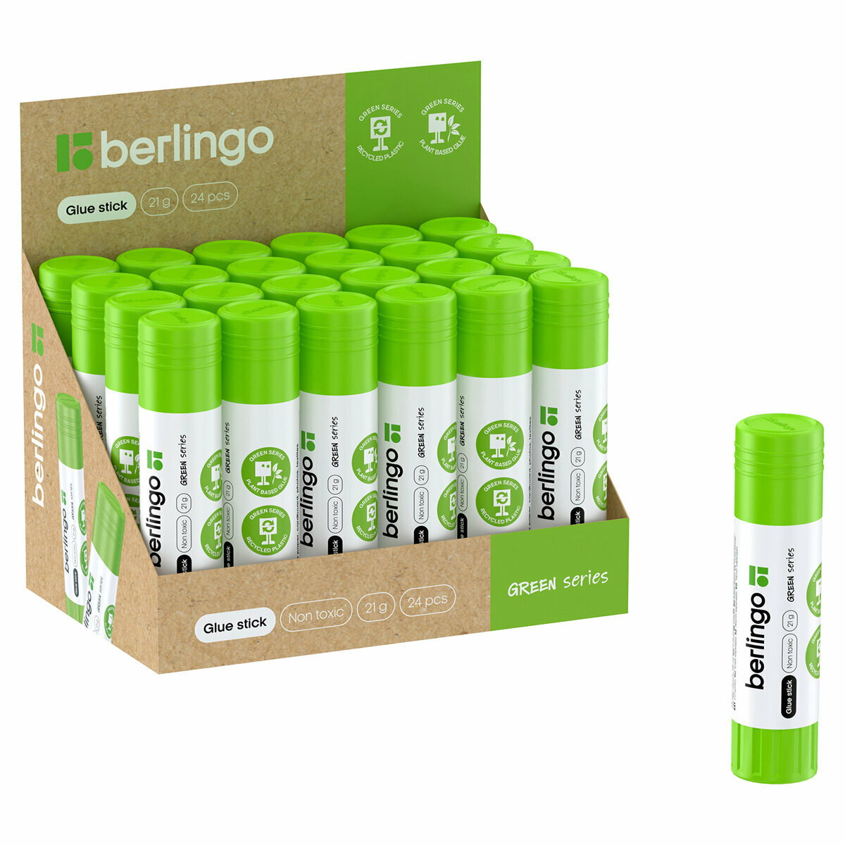 Клей-карандаш Berlingo "Green Series", 21 г, растительные компоненты (крахмал), Дисплей, 24 шт.