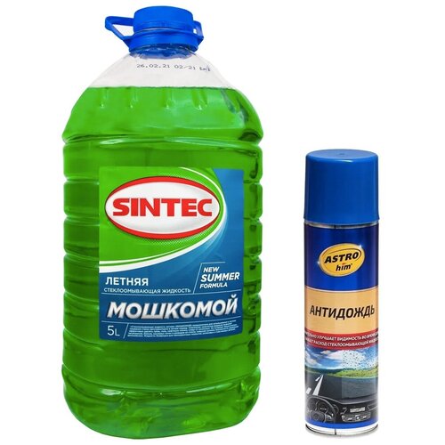 Жидкость стеклоомывателя летняя 5 л Мошкомой SINTEC / омывающая жидкость (омывайка летняя), ПЭТ + Антидождь для стекол и зеркал автомобиля (защитный спрей для лобового стекла с эффектом антидождя) ASTROHIM - 355 мл 900656/АС-893