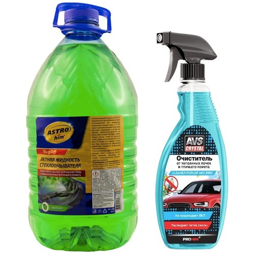 Жидкость стеклоомывателя летняя 5 л ASTROHIM BUGOFF / омывающая жидкость (омывайка летняя) + Очиститель кузова автомобиля (триггер от тополиных почек и птичьего помета) 500 мл AVS AVK-056. АС-425/A07483S