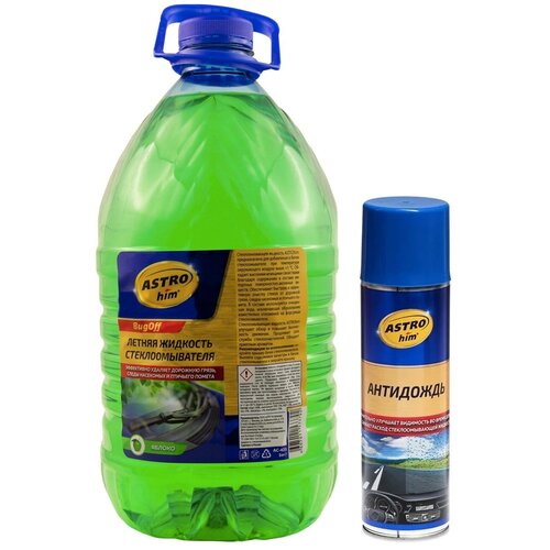 Жидкость стеклоомывателя летняя 5 л ASTROHIM BUGOFF / омывающая жидкость (омывайка летняя) + Антидождь для стекол и зеркал автомобиля (защитный спрей для лобового стекла с эффектом антидождя) ASTROHIM 355 мл. АС-425/АС-893