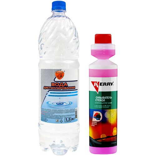 Жидкость стеклоомывателя летняя 270 мл KERRY / омывайка летняя с ароматом лесных ягод + Вода дистиллированная ELTRANS, 1.5л; KR-337/EL-0901.03