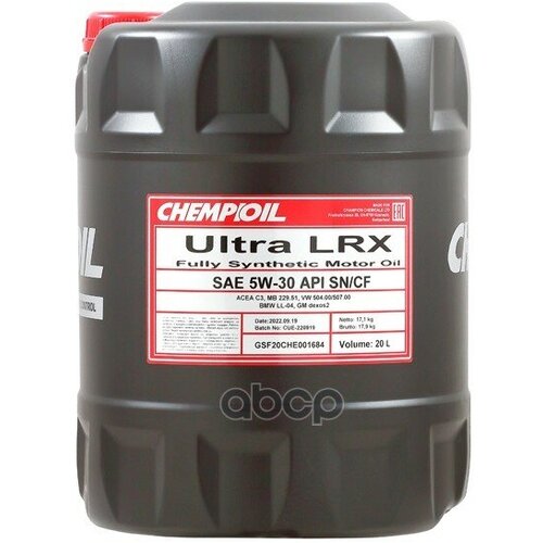 CHEMPIOIL CH970220E 5W-30 Ultra LRX SN/CF, C3, 20л (синт. мотор. масло)