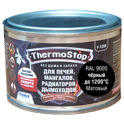 Термостойкая эмаль для печей, мангалов, дымоходов Finlux F-1200, матовая, черная, 0,25кг, 500°С