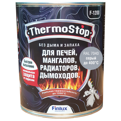 Краска, Грунт-Эмаль Finlux F-1200 до +1200°C Антикоррозионная, Быстросохнущая, Кремнийорганическая, Матовое покрытие, ral 7040, 1 кг, 400 С