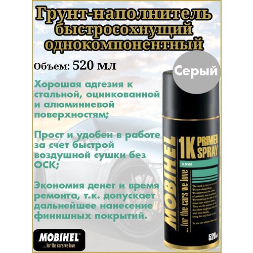 Грунт Mobihel, наполняющий, акриловый, универсальный, серый, аэрозоль, 520 мл.
