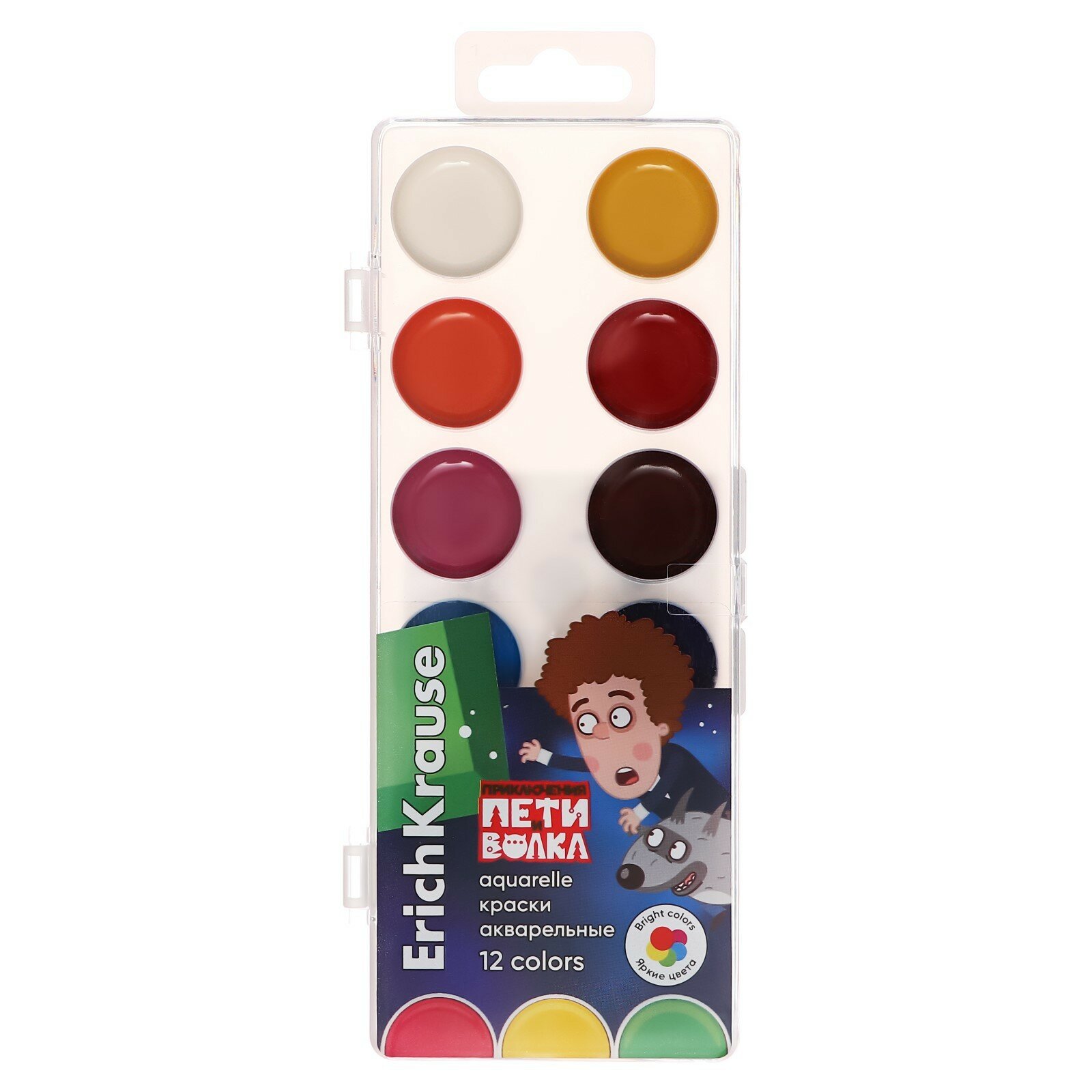 Краски акварельные 12 цветов "Приключения Пети и Волка", без кисти, в пластиковой коробке с европодвесом