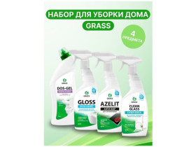 Набор 4шт GRASS для уборки дома: для кухни Азелит антижир Azelit стеклокерамика, для ванны Gloss, чистящее средство для стекол и зеркал Clean glass, для туалета и ванной Dos Gel